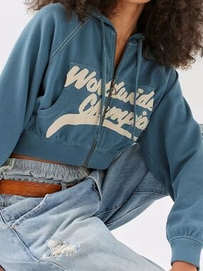 BDG Dusty Teal Cropped Zip Hoodie with Cream Stitching
